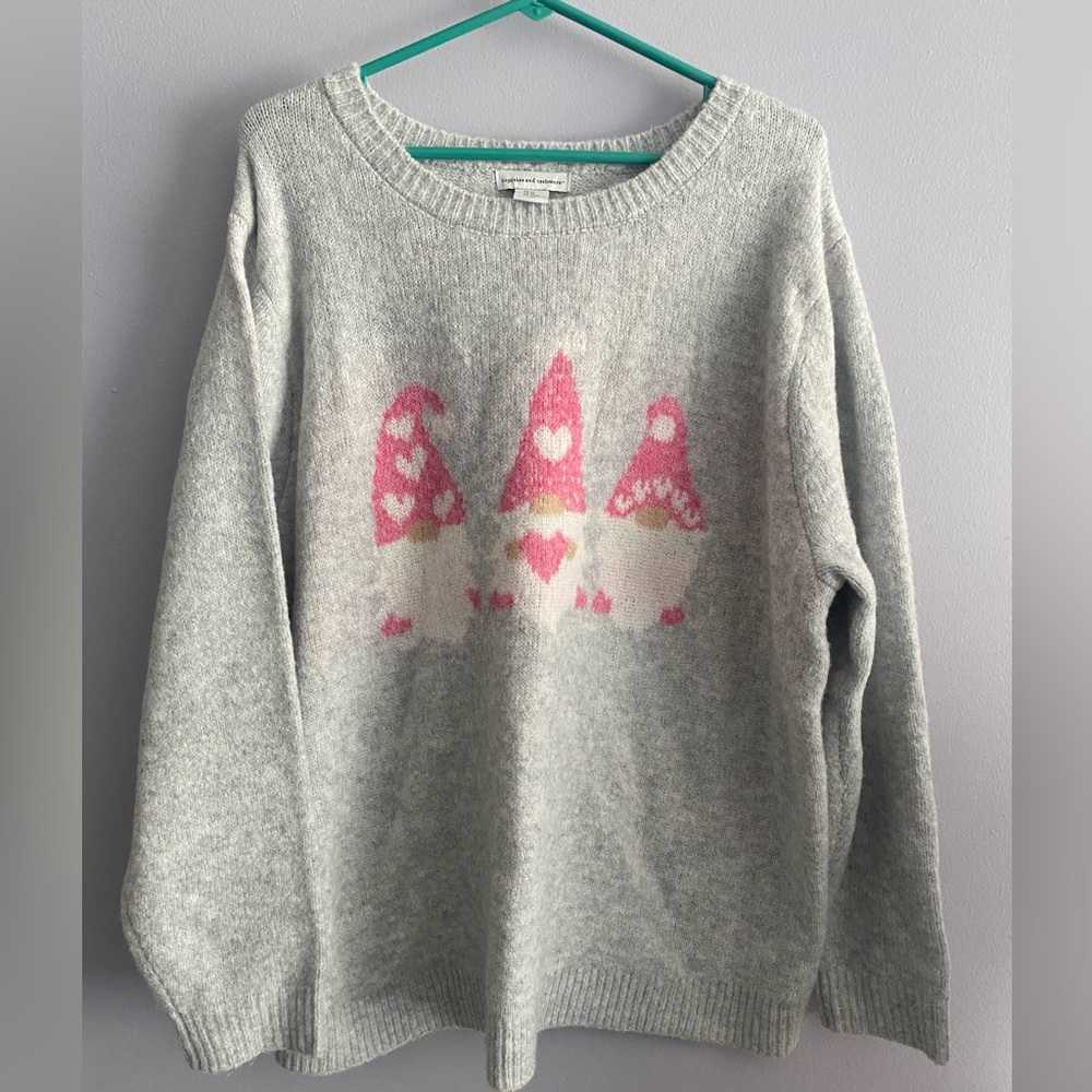 cupcakes & cashmere Gray Crewneck Sweater with Pink Gnome Design size 2XL
